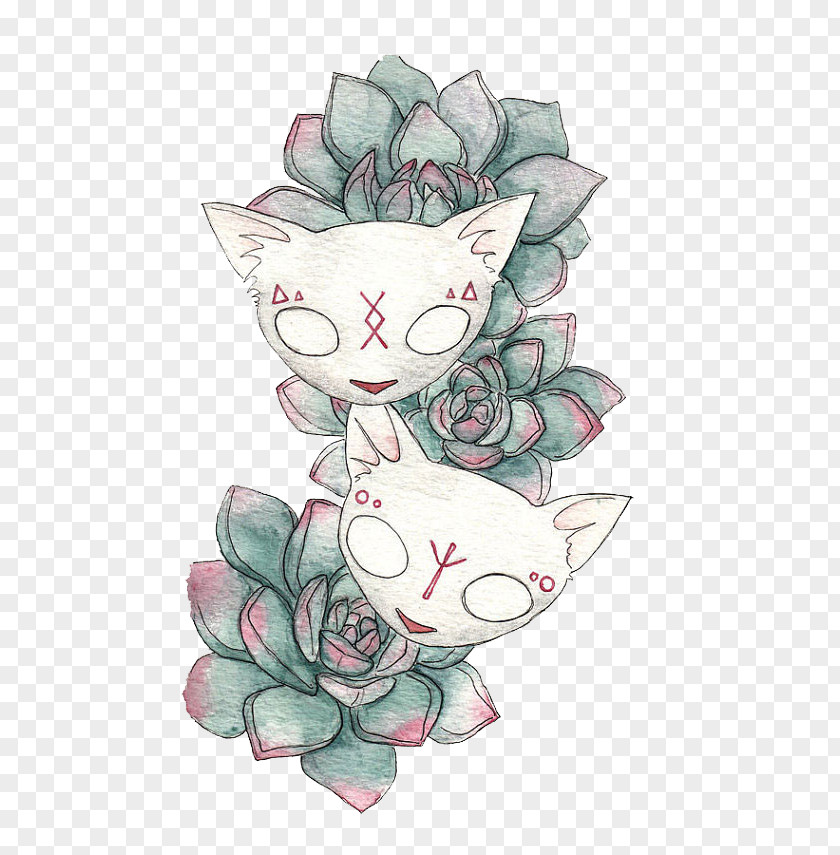 Succulents And Cat Picture Material Floral Design Watercolor Painting Plant PNG