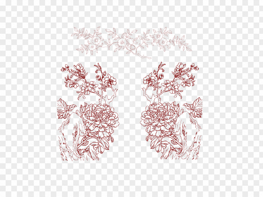 Vector Red Linear Chinese Peony Decoration Moutan PNG