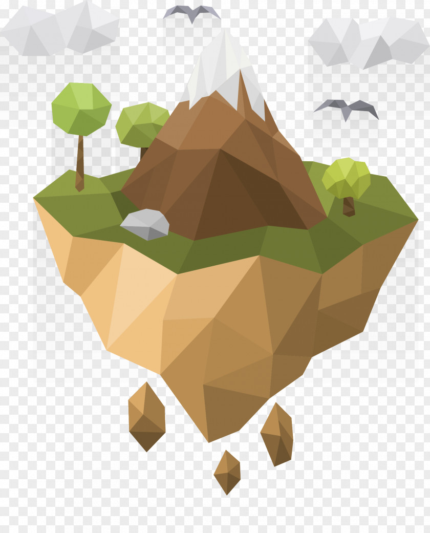 Vector Hand-painted Geometric Floating Island Polygon Mountain Euclidean Geometry PNG