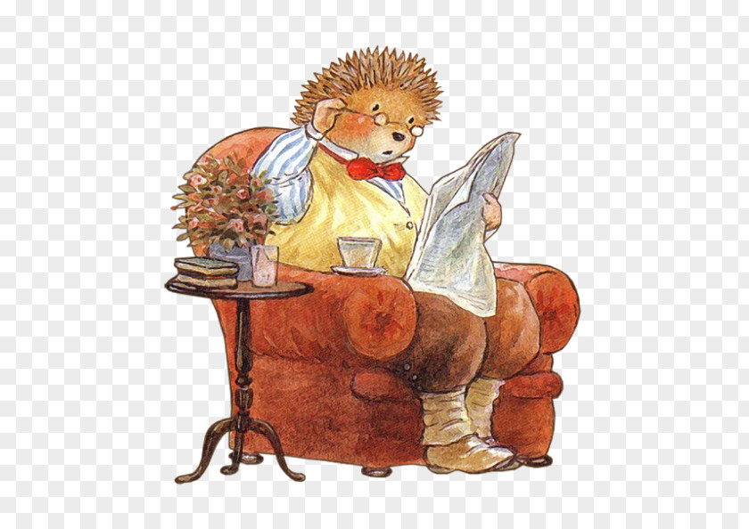 Cartoon Hedgehog Grandfather Reading The Newspaper Illustration PNG