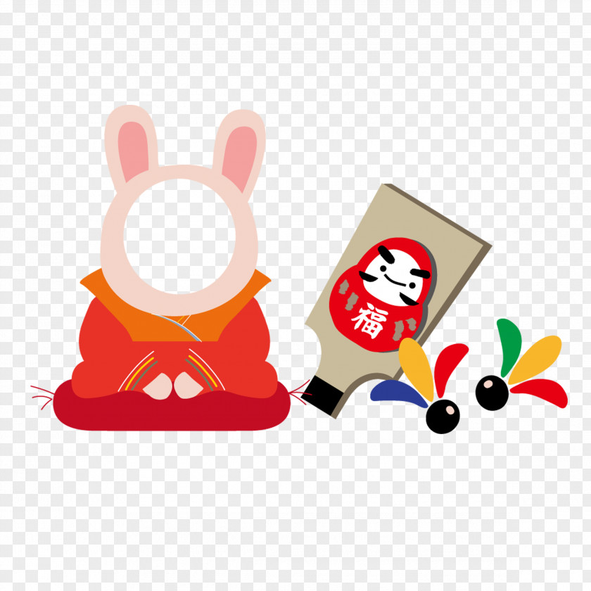 Cute Bunny Japanese New Year Kite Dragon Hagoita Illustration PNG