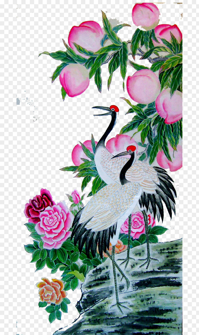 Peach Water Bird Painting Floral Design Feng Shui PNG
