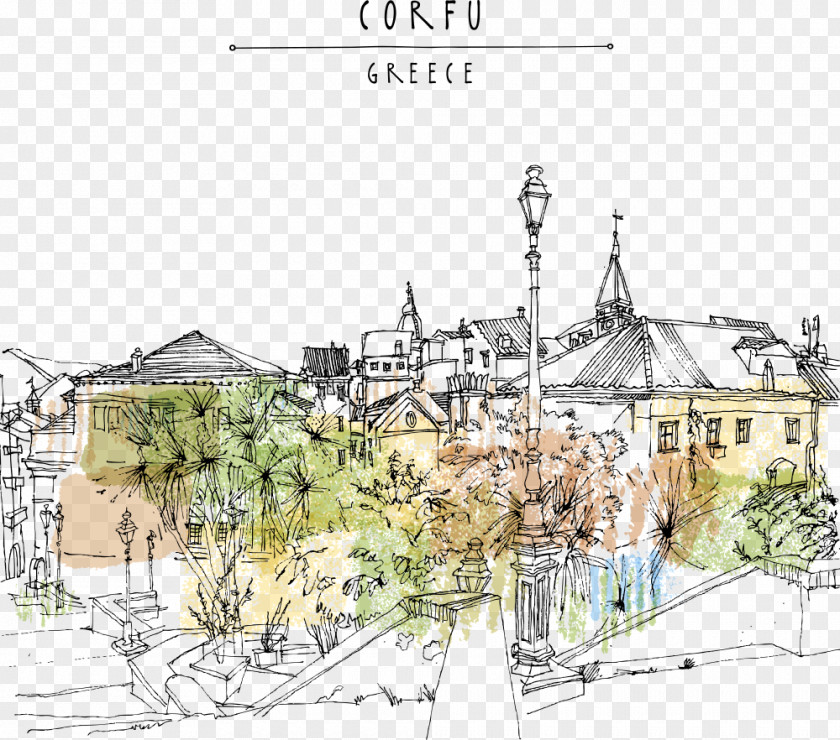Corfu City Vector Illustration Drawing Graphic Design PNG
