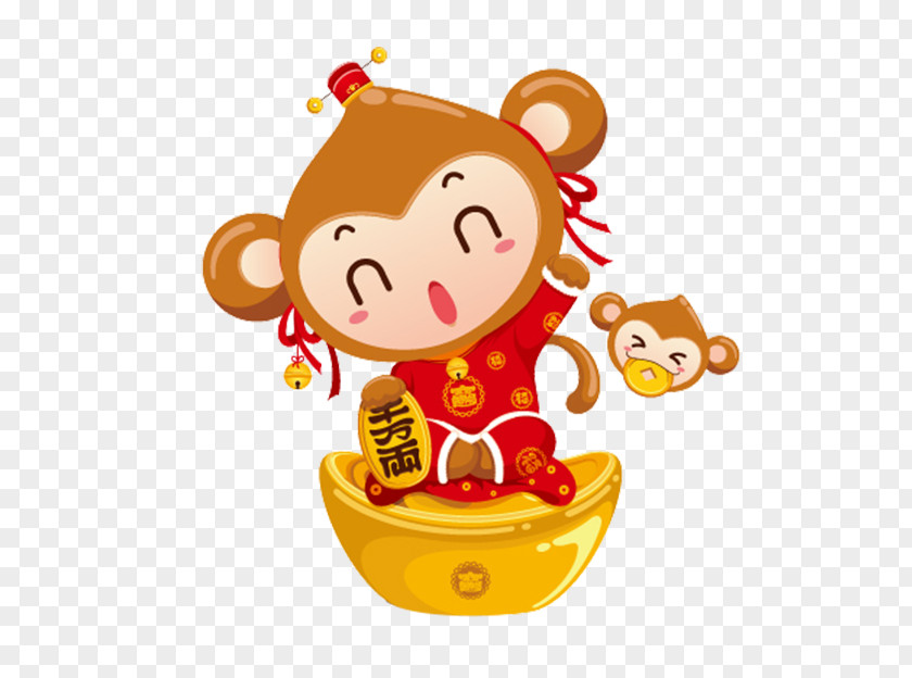 Monkey Sitting On A Gold Ingot Cartoon PNG