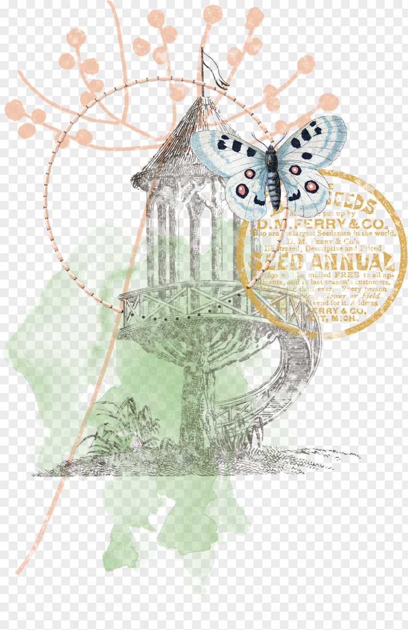 European Style Collage Material Butterfly Architecture PNG