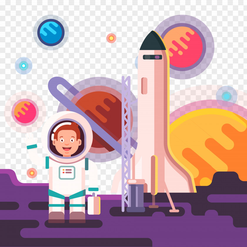 Vector Flat Space Material Astronaut Outer Spacecraft Cartoon PNG