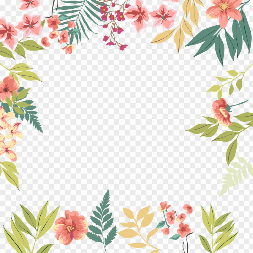 Green Leaves Flowers Border Pink Leaf PNG