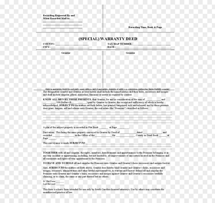 Warranty Deed Document South Carolina Real Estate PNG