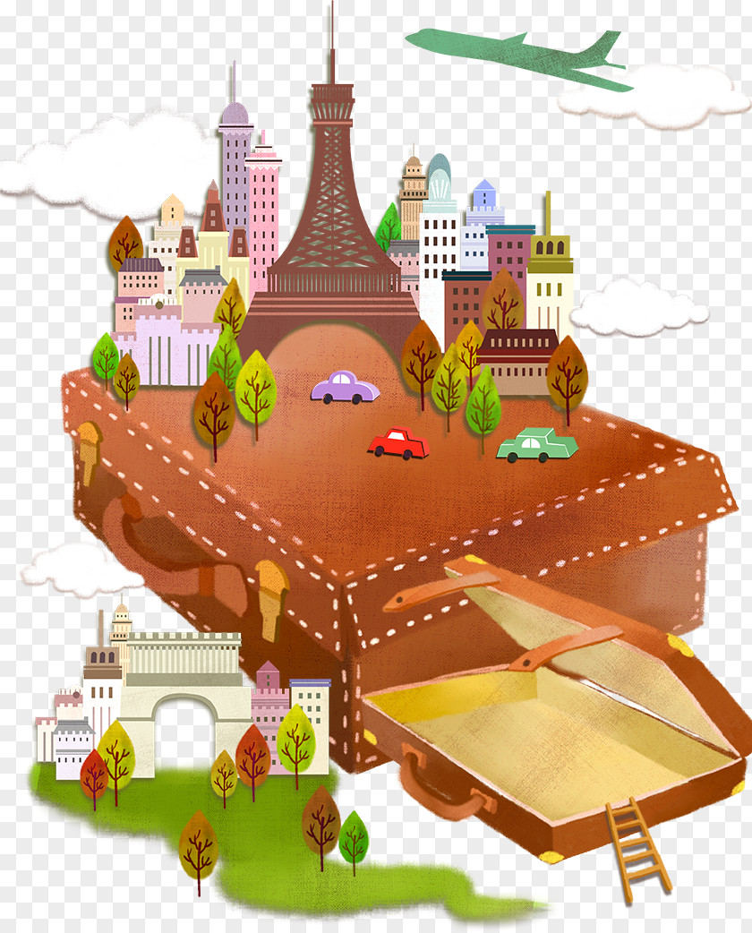 A Small Town On The Suitcase Travel Box Illustration PNG