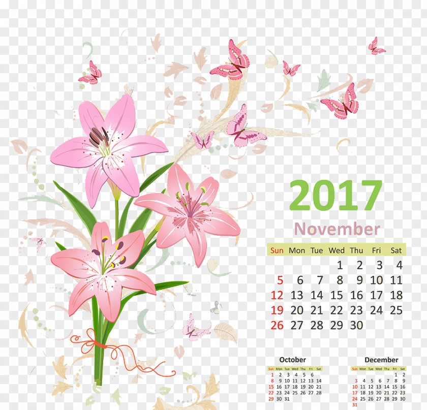 2017 Calendar December Floral Design Month Font PNG