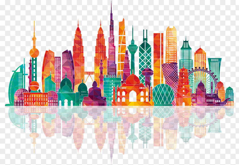 Colorful City Building Silhouettes Asia Royalty-free Vector Map Illustration PNG