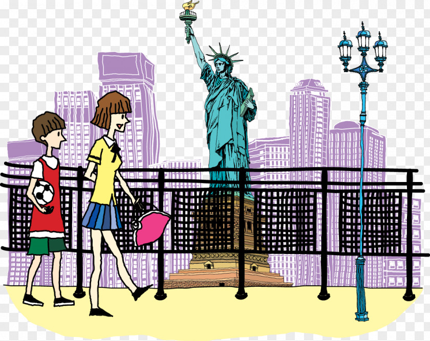 Vector Statue Of Liberty In Front Passers-by Cartoon Photography Illustration PNG