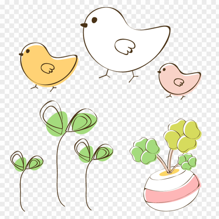 Hand Painted Chicks And Plants Plant Flowerpot Floral Design PNG