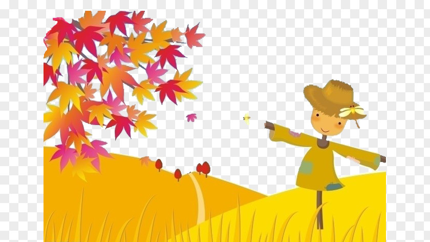 Cartoon Scarecrow Wheat Field Autumn Illustration PNG
