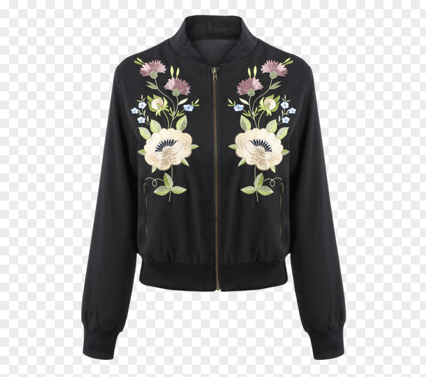 Embroidery Flower Flight Jacket Denim Overcoat Zipper PNG