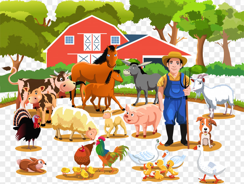 Happy Farmers And Farm Livestock Agriculture Illustration PNG