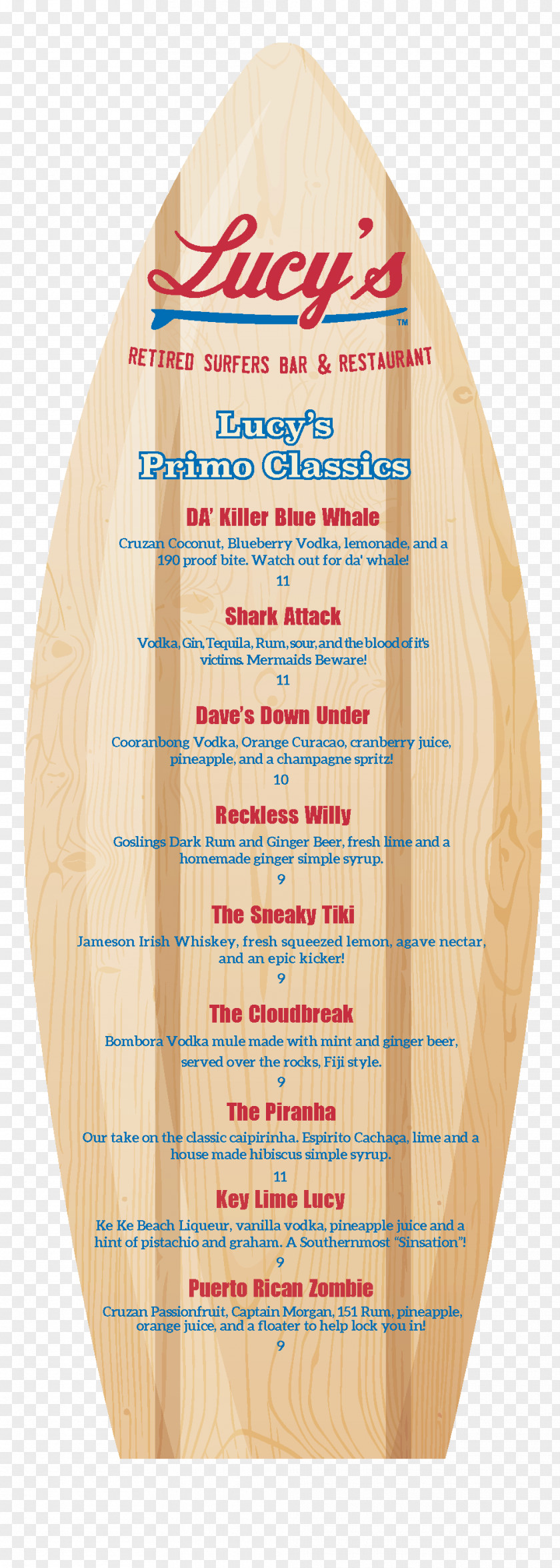 Menu Lucy's Retired Surfers Bar & Restaurant Drink PNG