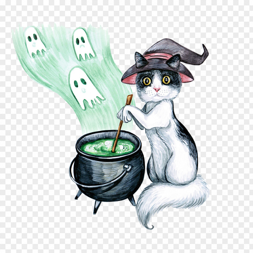 Hand Painted Watercolor Cute Cat Witch Painting Whiskers PNG
