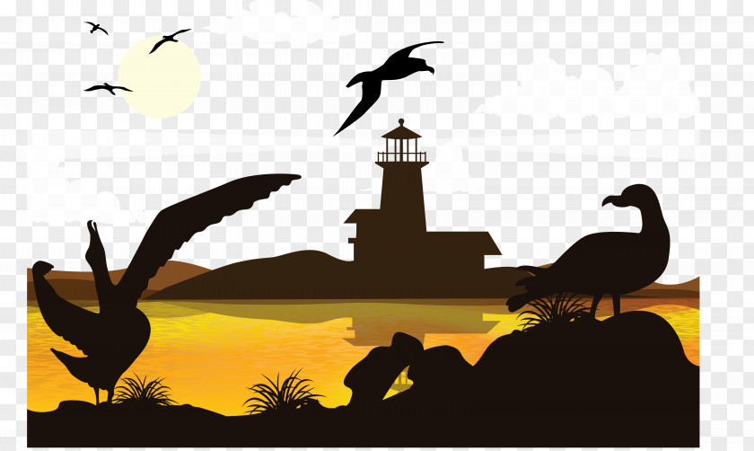 Lighthouse Sunset Silhouette Illustration PNG