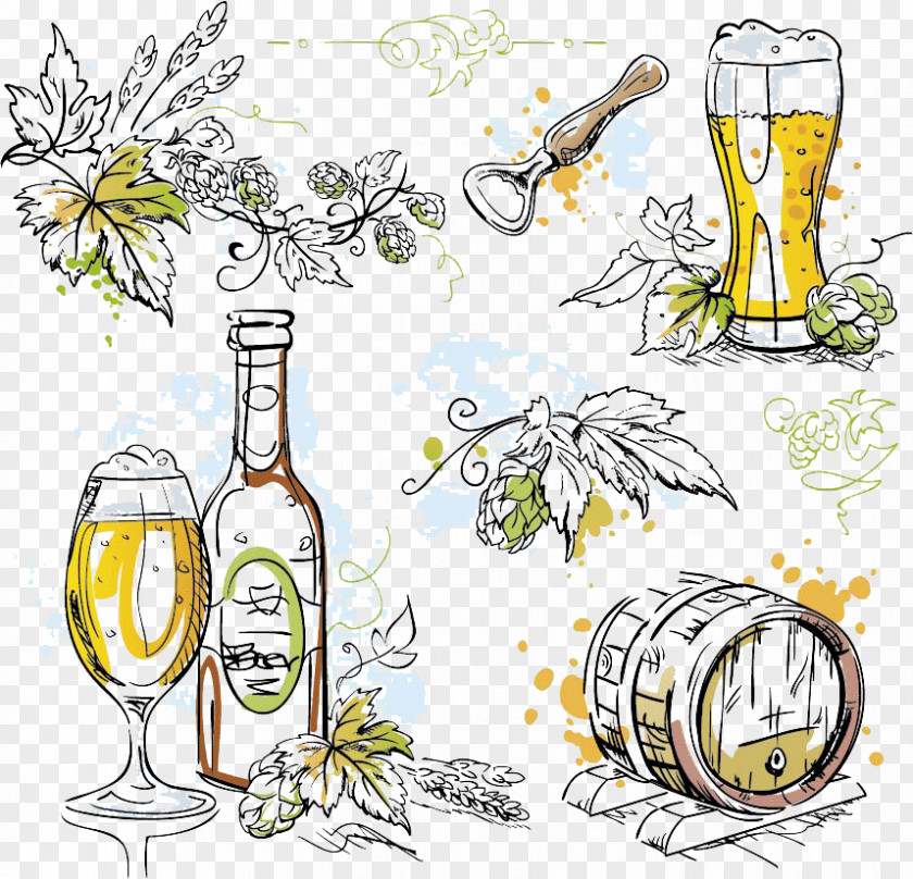 Hand-drawn Illustration Of Beer Wine Hops Alcoholic Beverage PNG
