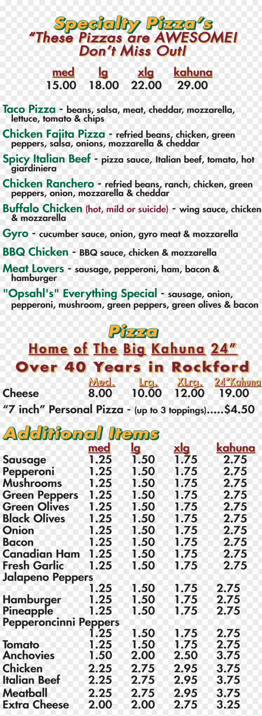 Opsahl's Homemade Pizza Menu El Ranchero Document PNG