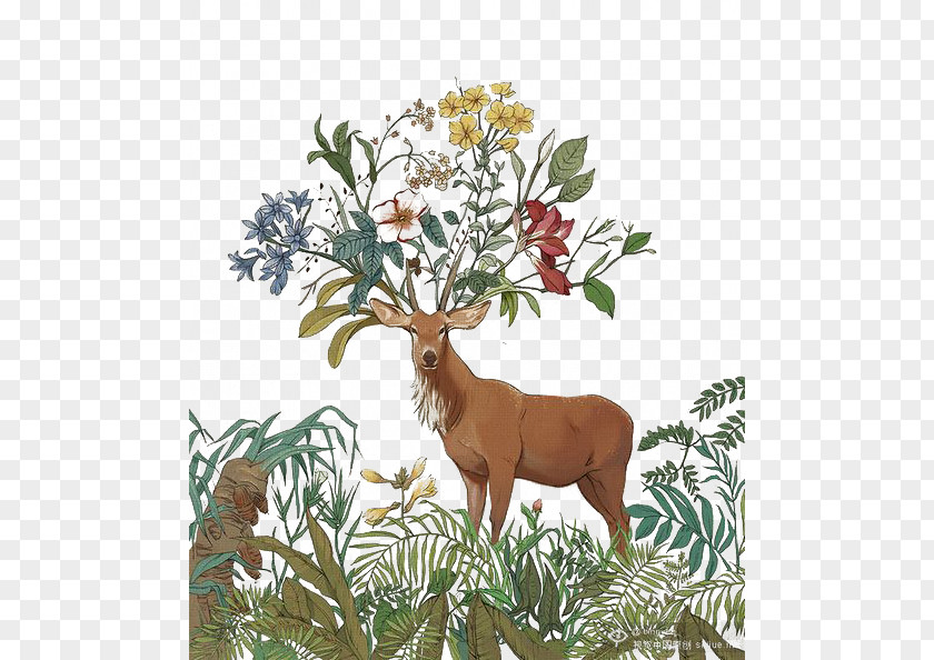 Brown Goat Wearing A Flower Red Deer Elk Paint PNG