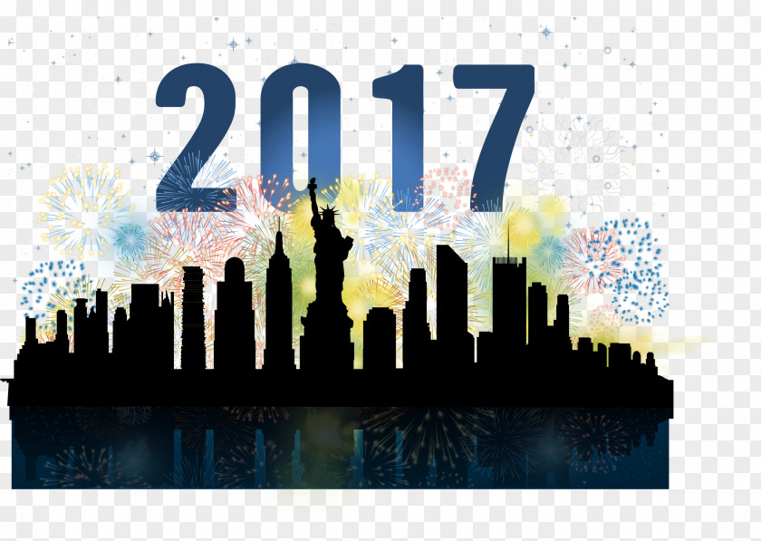 Vector 2017 Fireworks Celebration New York City Skyline Silhouette Watercolor Painting PNG