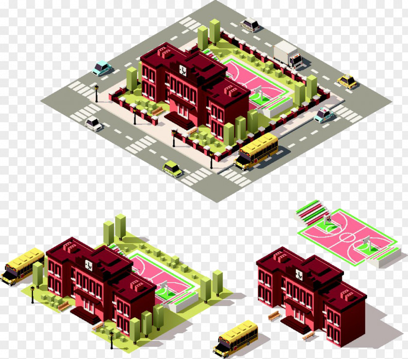 Dark Red Villa Design Low Poly School Illustration PNG