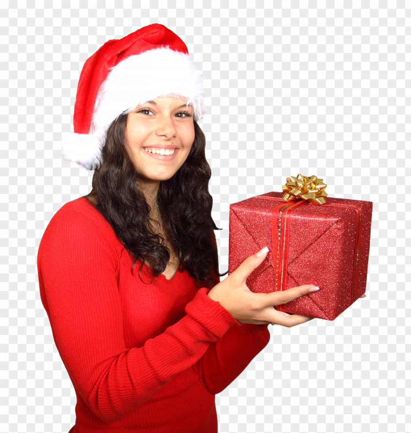 Woman In Santa Claus Clothes With Gift Christmas PNG