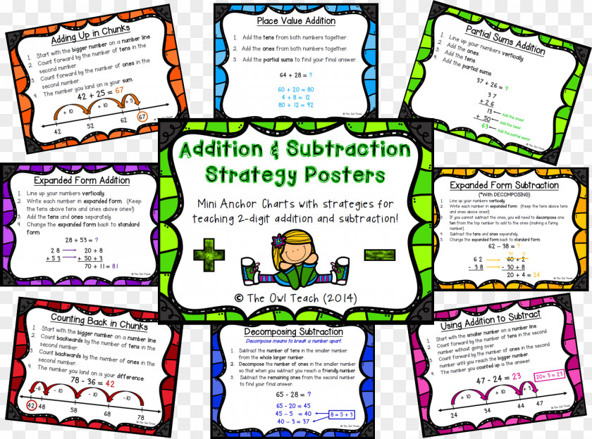 Creative Color Chart Addition Subtraction Mathematics Owl Worksheet PNG