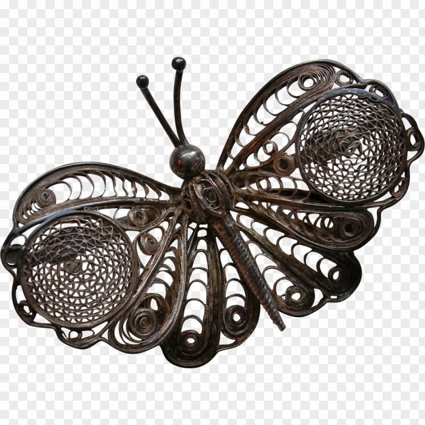 Butterfly Brooch Earring Filigree Silver PNG