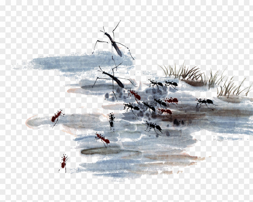 Ants In The Pond Ink Wash Painting Chinese Watercolor Chinoiserie Wallpaper PNG