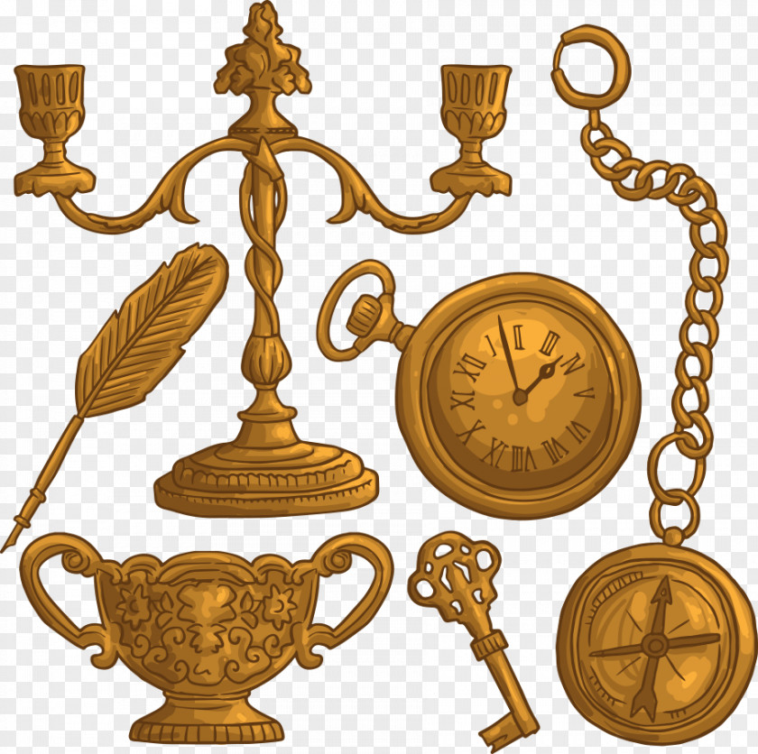 Vector Pocket Watch And Candle Holders Gold Object Clock PNG