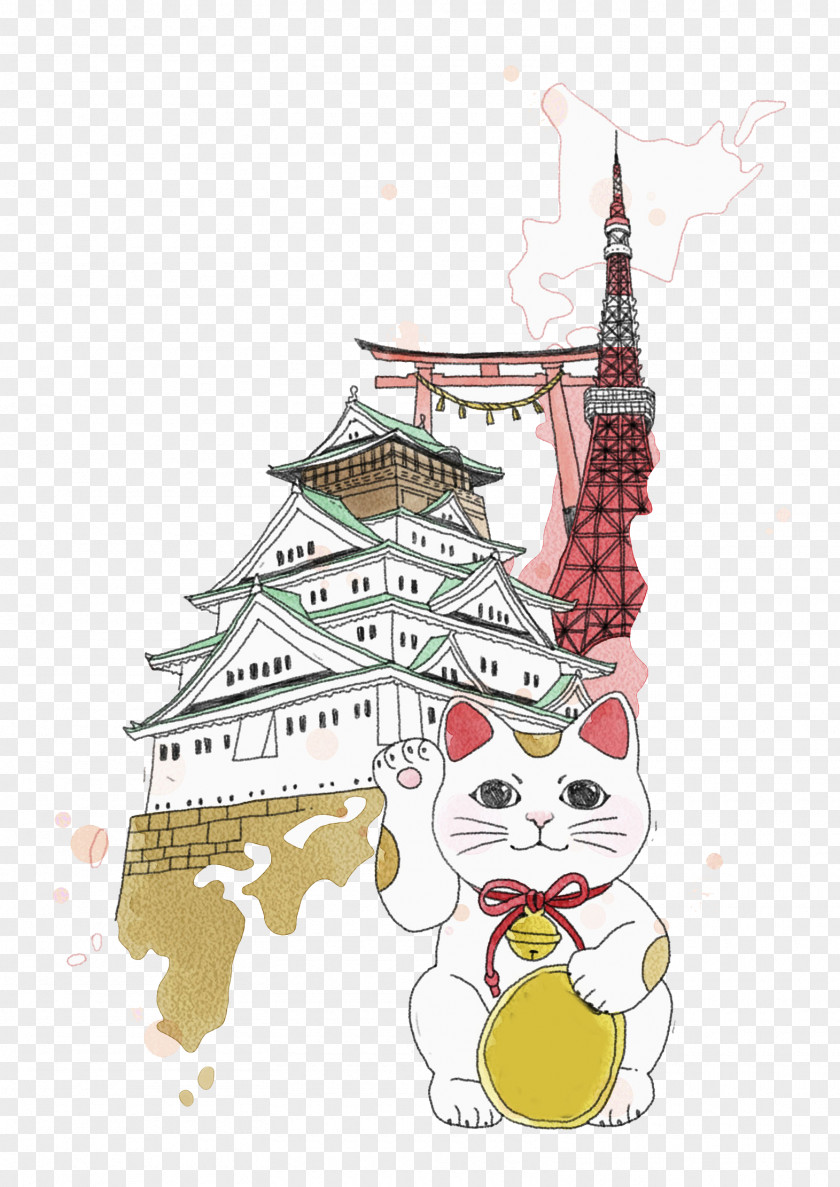 Hand Painted Watercolor Lucky Cat Attractions Landmark Cartoon Building Painting PNG