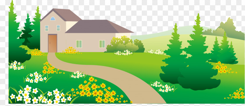 Vector Distant Home Landscape Painting House Illustration PNG