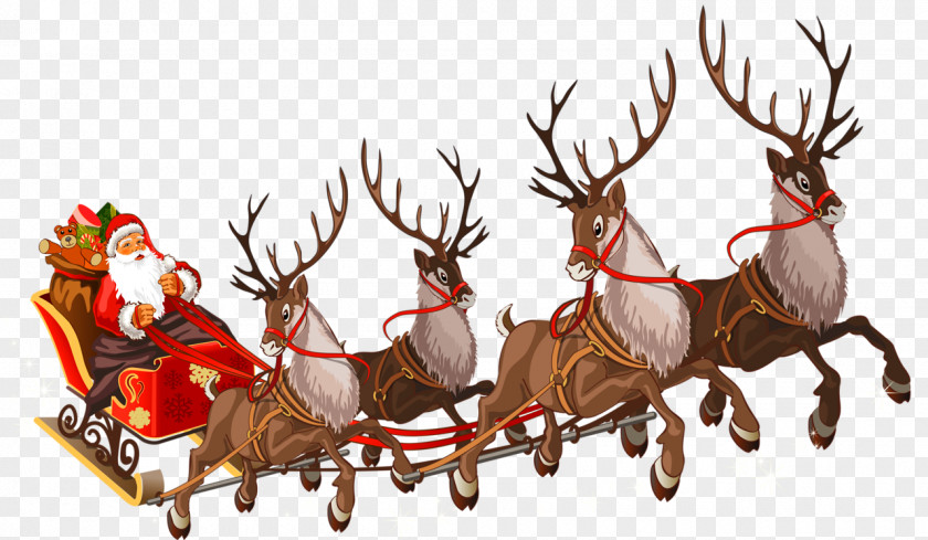 Center Santa Claus Reindeer Sled Clip Art PNG