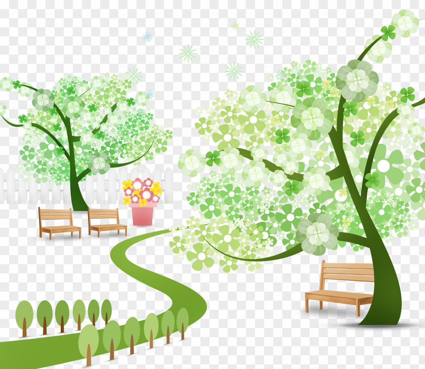 Cartoon Green Trees Small Fresh Park Illustration PNG