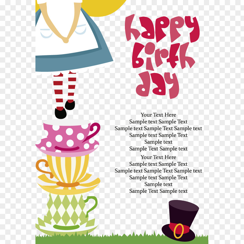Alice In Wonderland Birthday Element Vector Cake Greeting Card Wish PNG