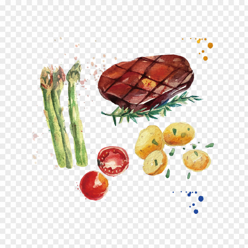 Vector Watercolor Steak And Vegetables Chicken Fried Hamburger T-bone PNG
