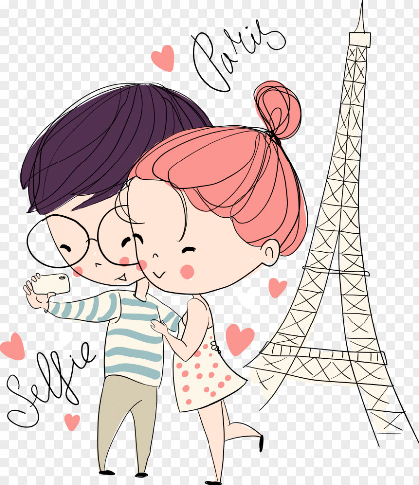 Girl Cartoon Drawing PNG Drawing, bulk Couple, illustration of male and female taking selfie with Eiffel Tower clipart PNG