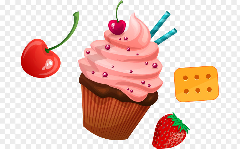 Vector Strawberry Cake Bakery Cupcake Icing Sundae Food PNG