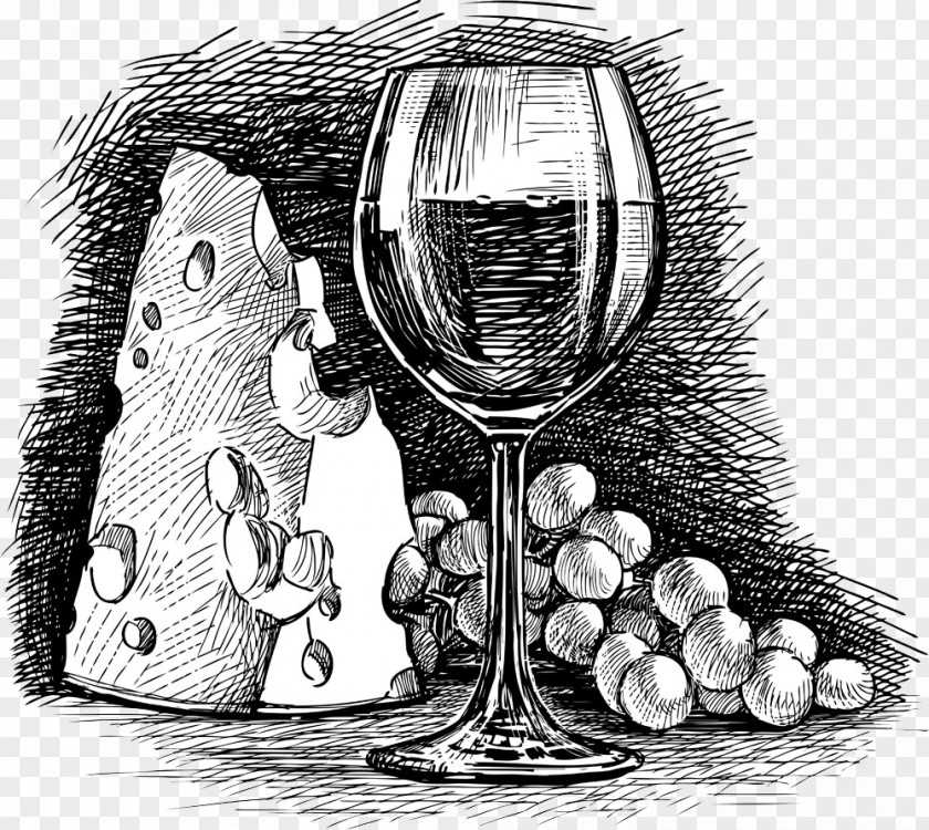 Cheese Wine Sketch Illustration Glass Common Grape Vine PNG