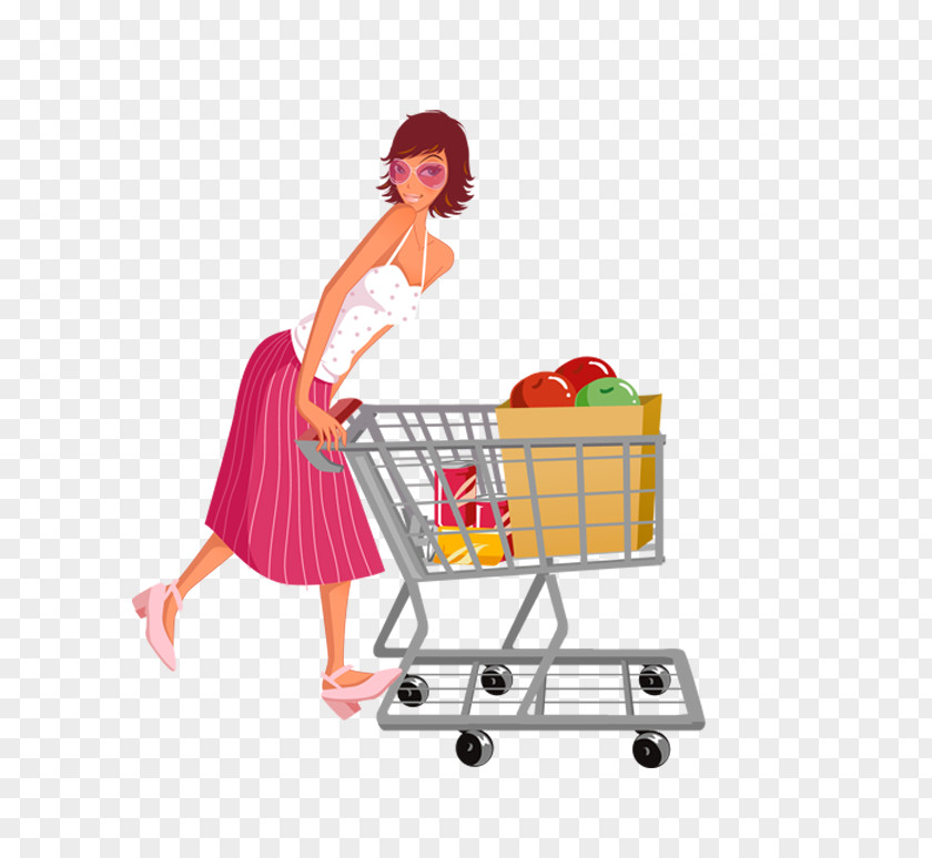 Woman Pushing A Shopping Cart Designer Clip Art PNG