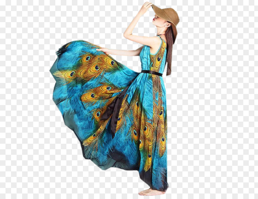 Dress Peacock Print Clothing Chiffon Long PNG