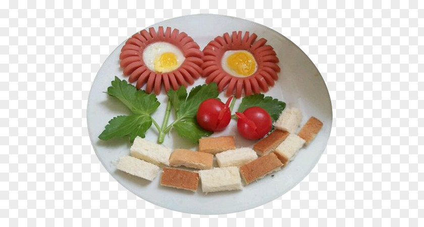 Ham And Poached Eggs On A Sunflower Wobble Board European Cuisine Fried Egg Vegetarian Canapé PNG