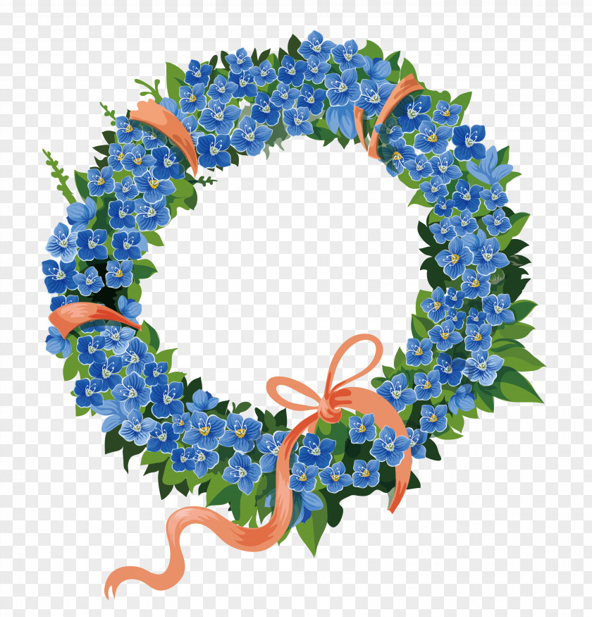 Fresh Blue Flowers Green Leaves Wreath Illustration PNG