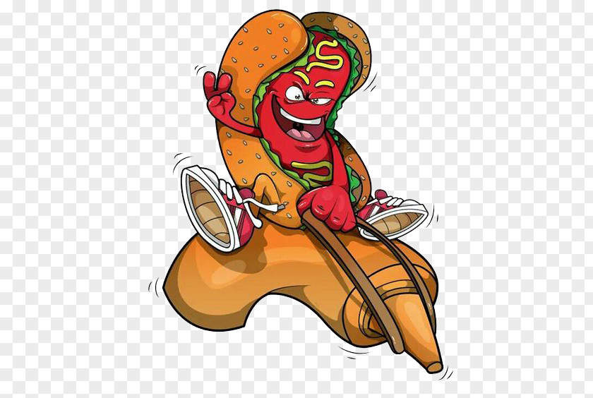 Riding A Hot Dog With Tomato Sauce Ketchup Illustration PNG