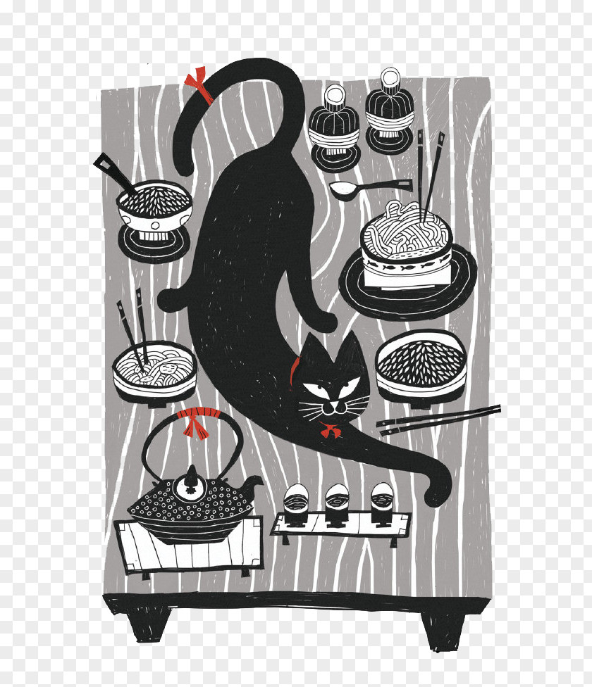 The Black Cat On Table Illustration PNG