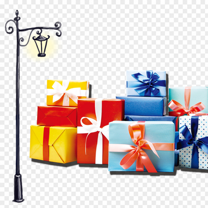 Lamppost And Gift Boxes Santa Claus Christmas Ribbon PNG