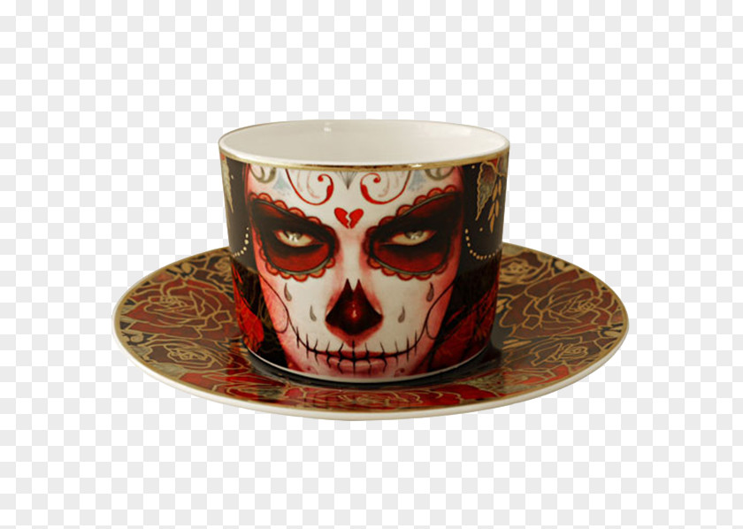 Skull Coffee Cup Calavera Saucer Teacup PNG